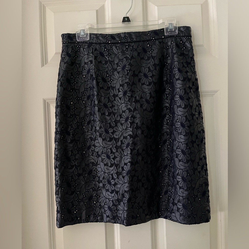 ERDEM NAVY LEATHER EMBROIDERED FLORAL APPLIQUÉ CUT OUT SKIRT KNEE LENGTH 10